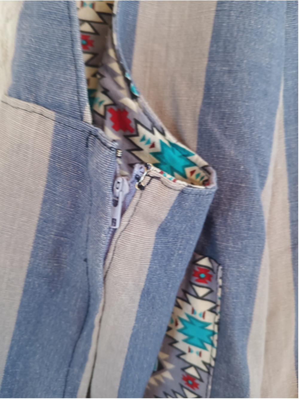 Artsy Western Overalls Slate Blue Beige Stripes Super Wide Leg Boho Trousers MED - Picture 10 of 12